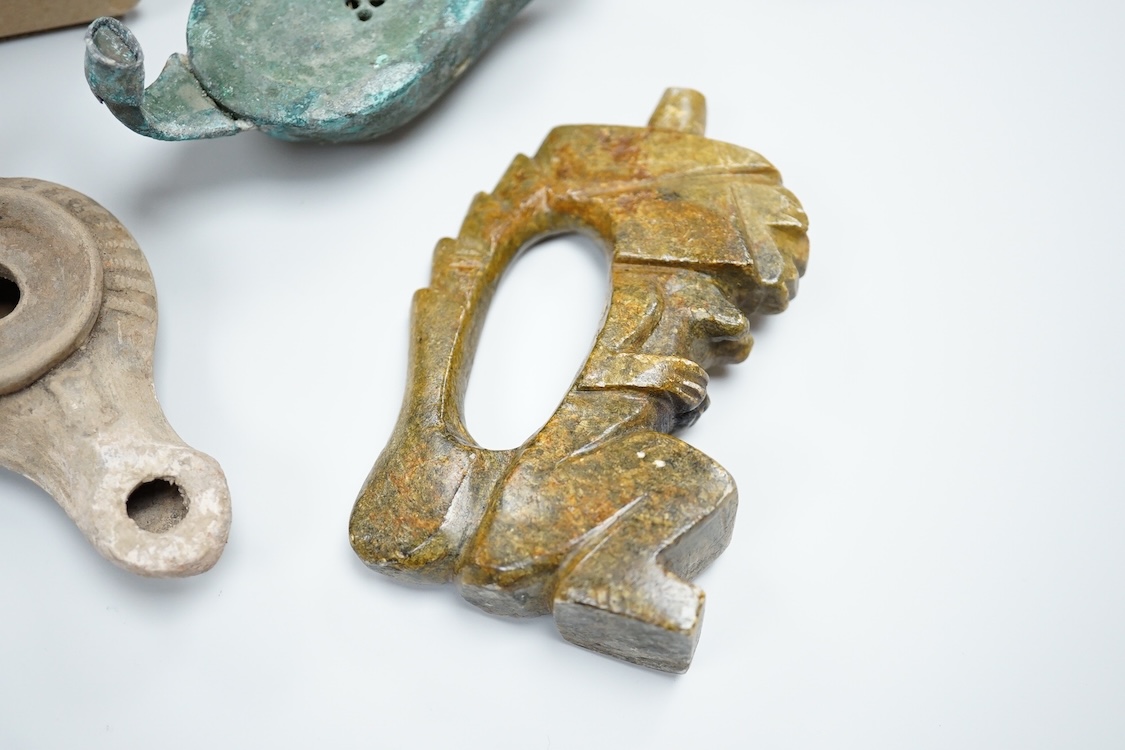 A pair of Turkish bath shoes, a collection of African beads and Middle Eastern vessels etc.